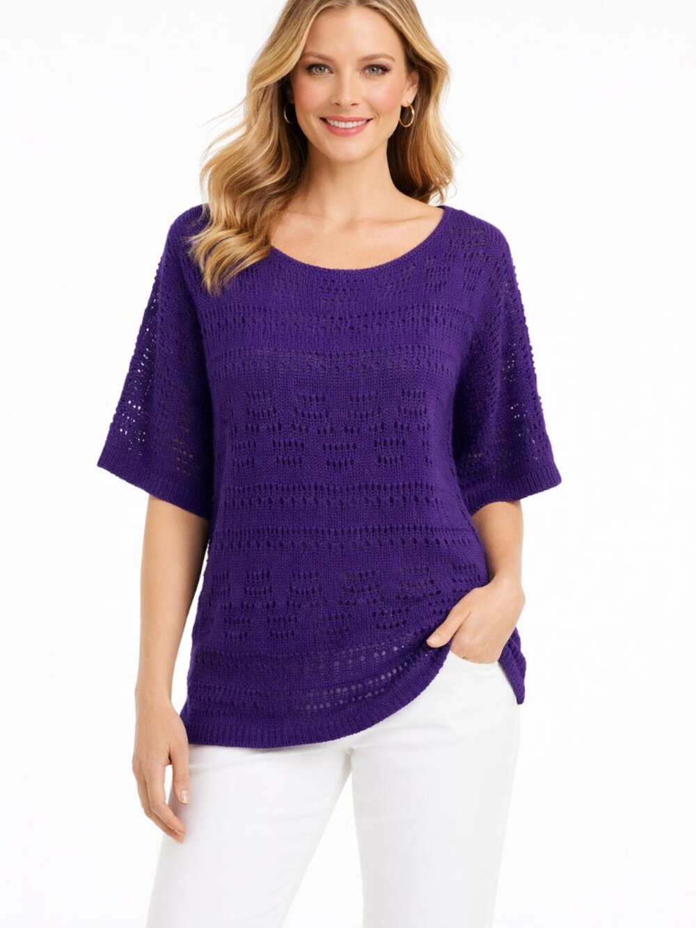 Chico’s Lagenlook Purple Open Knit Sweater Pullover Short Sleeve Women’s‎ 2 M